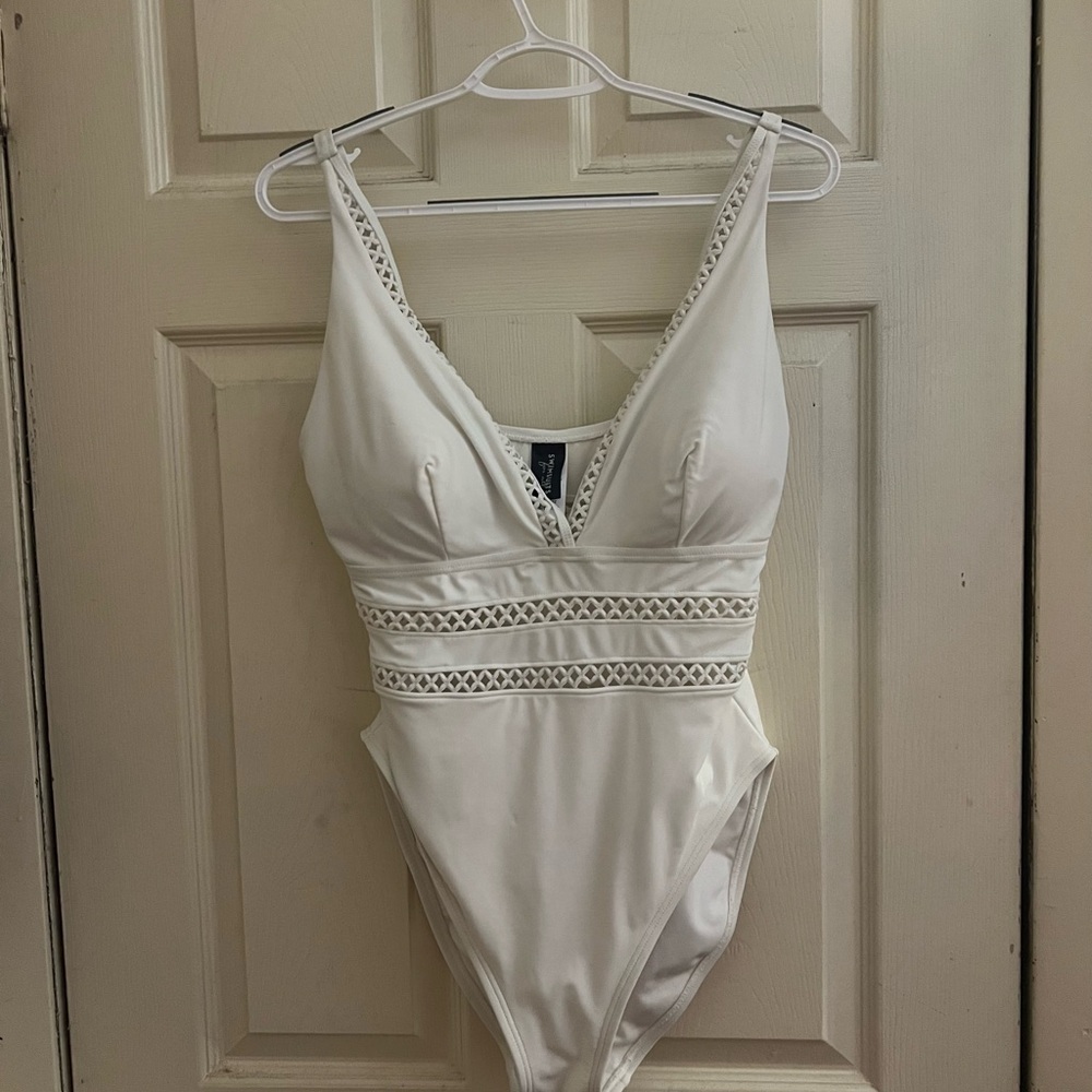 Swimsuits For All White One Piece with Crochet Detail